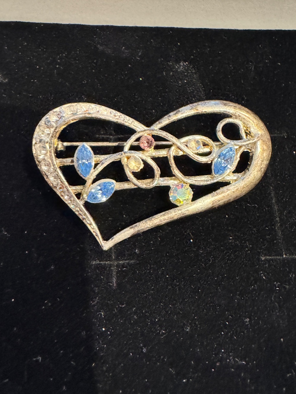 Vintage Gold Heart Music Note Brooch with Blue and Multicolor Stones